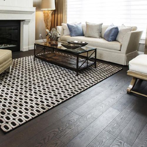 Dark hardwood flooring with area rug in living room