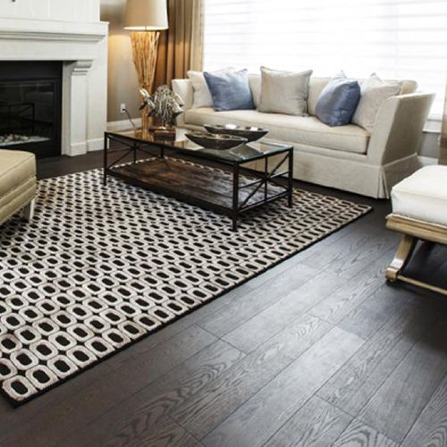 Living room with dark hardwood floor and geometric area rug