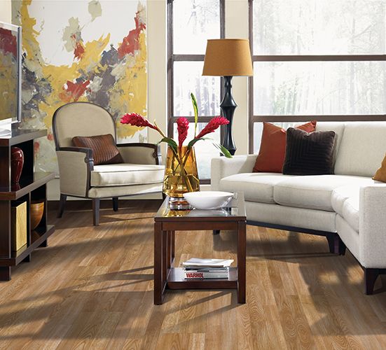 Living room with wood look laminate floor